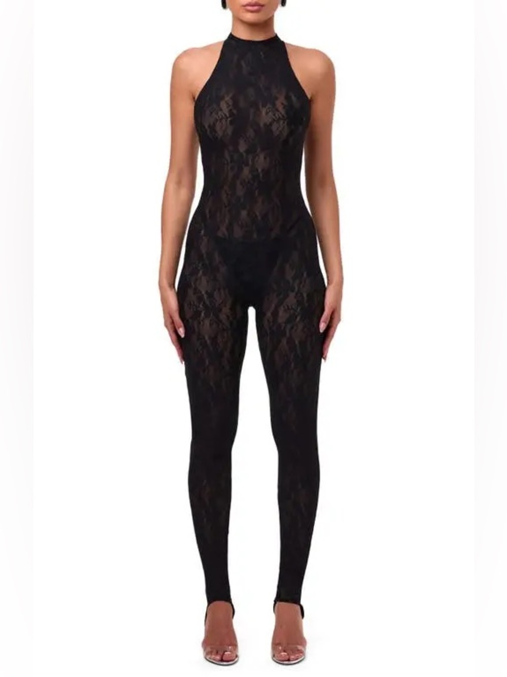NWT Naked Wardrobe Sheer Lace High Neck Stirrup Jumpsuit Black Snatched XL